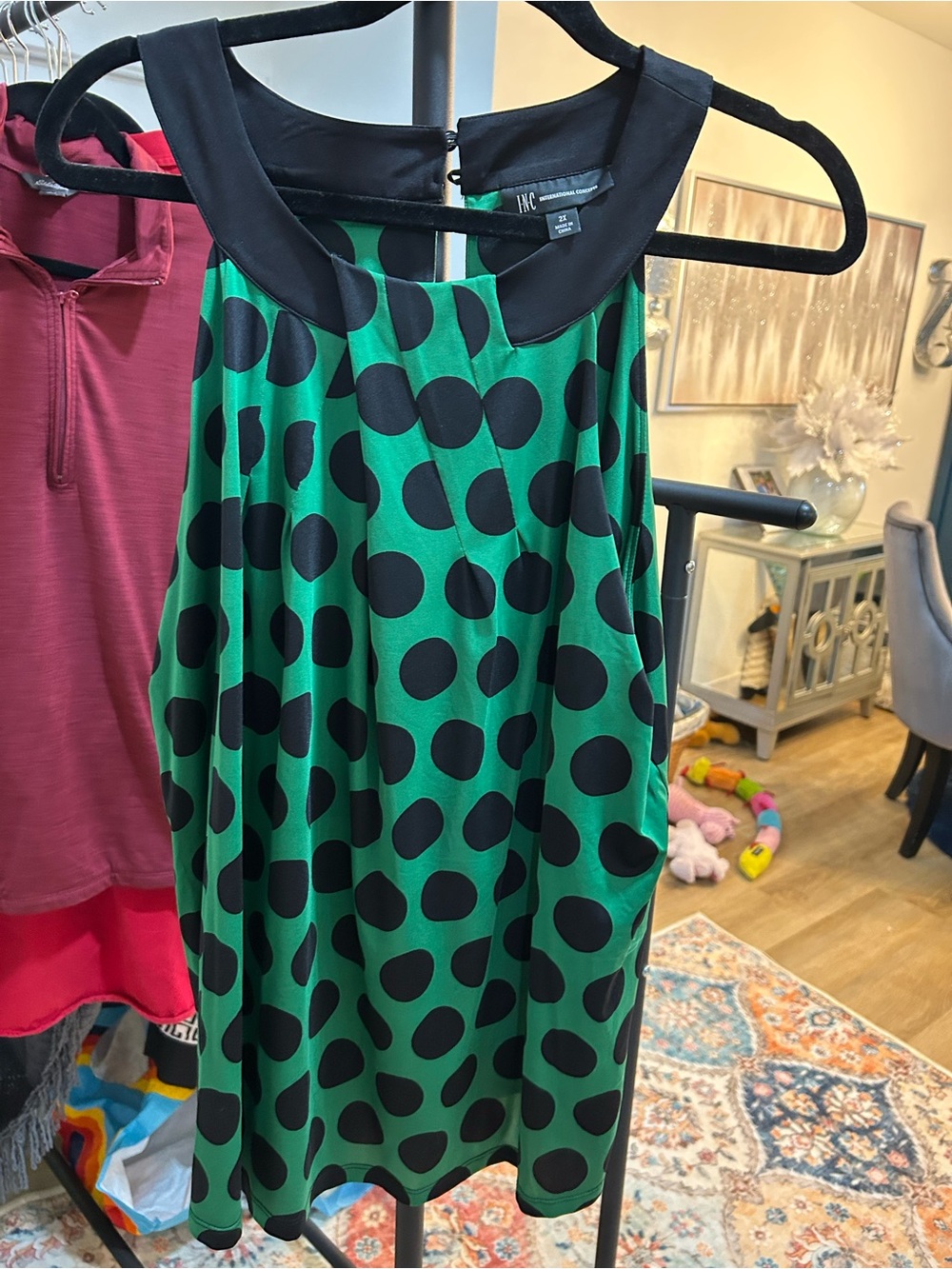 INC woman’s Green Polka Dot Skirt - Black Collar Detail